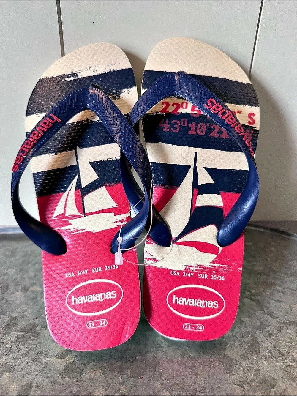 Havaianas Kids Slim Nautical Flip Flops Red & Blue US 3/4Y (EU 35/36)